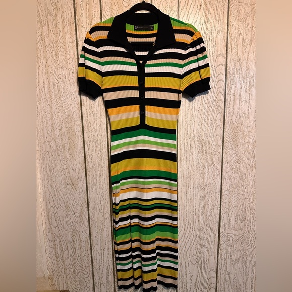 New York & Company Stripe Puff-Sleeve Polo Midi Sweater Dress Size Large - Picture 5 of 7